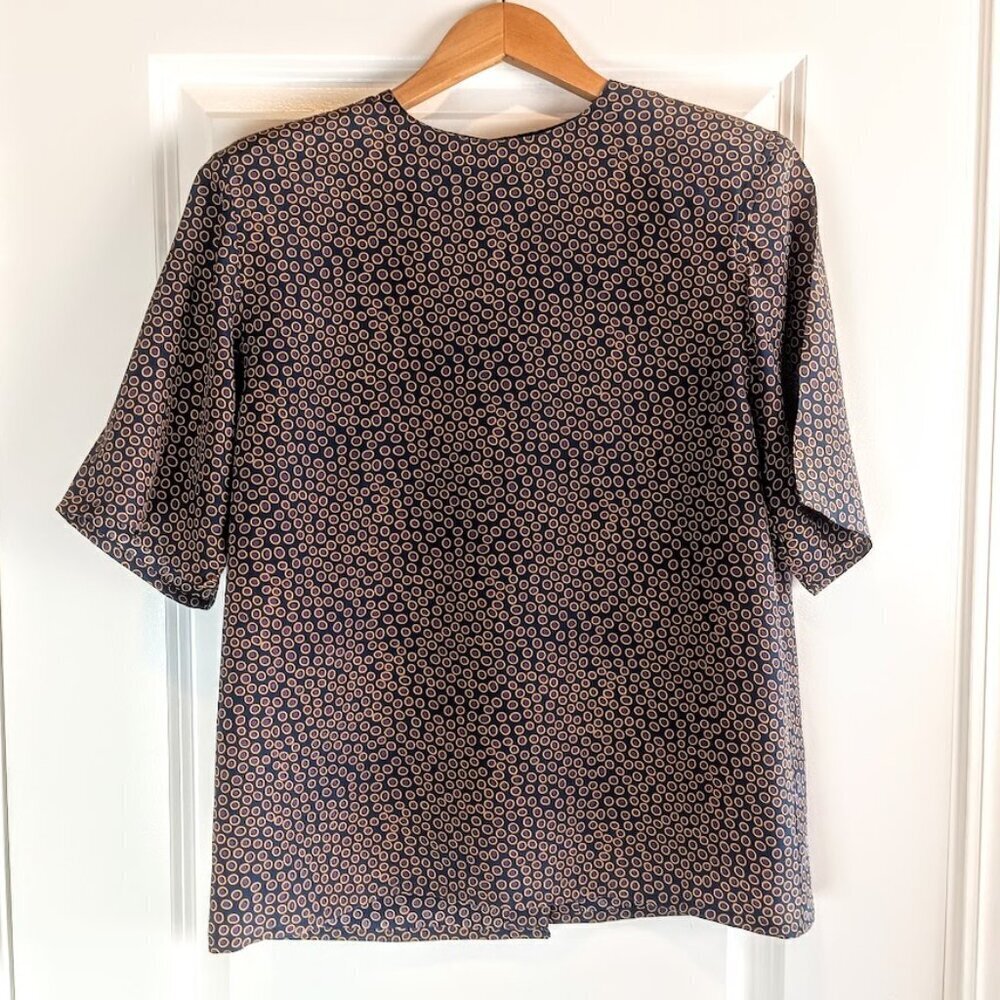 Vintage Rodier Teal Blue Purple Tan Dot Print Silk Top